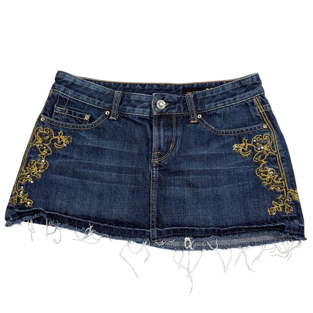 Express X2 Denim Mini Skirt Gold Embroidered Womens Size 2 Y2K